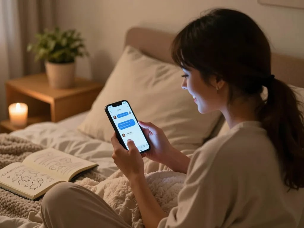 Engaging in AI sexting conversation in a cozy bedroom ambiance.