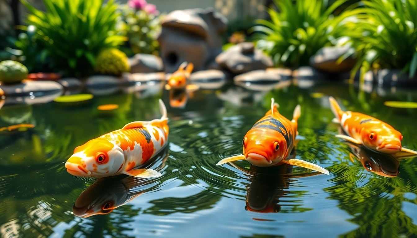 Melihat koi toto yang indah di kolam taman yang tenang.