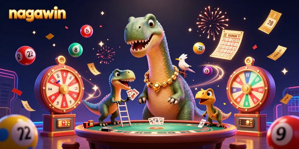 Join the excitement at nagawin with a colossal brontosaurus overseeing vibrant lottery games and a clever raptor dealer.