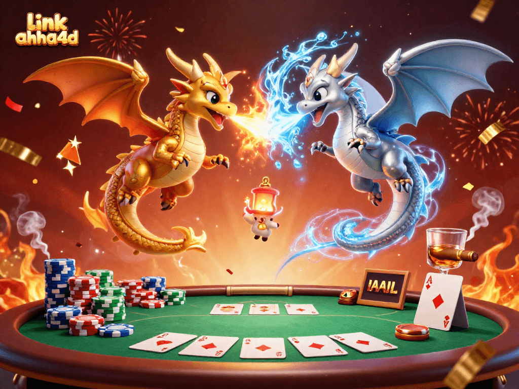 Menangkan dengan link ahha4d dalam ilustrasi 3D ceria dengan naga dan elemen permainan kartu.