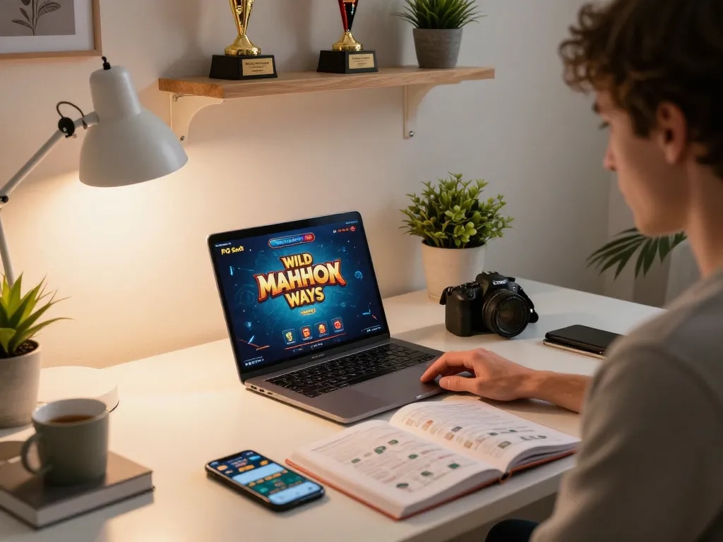 IDNSCORE online gaming setup, player enjoying PG Soft Wild Mahjong Ways on laptop with betting strategy notes
