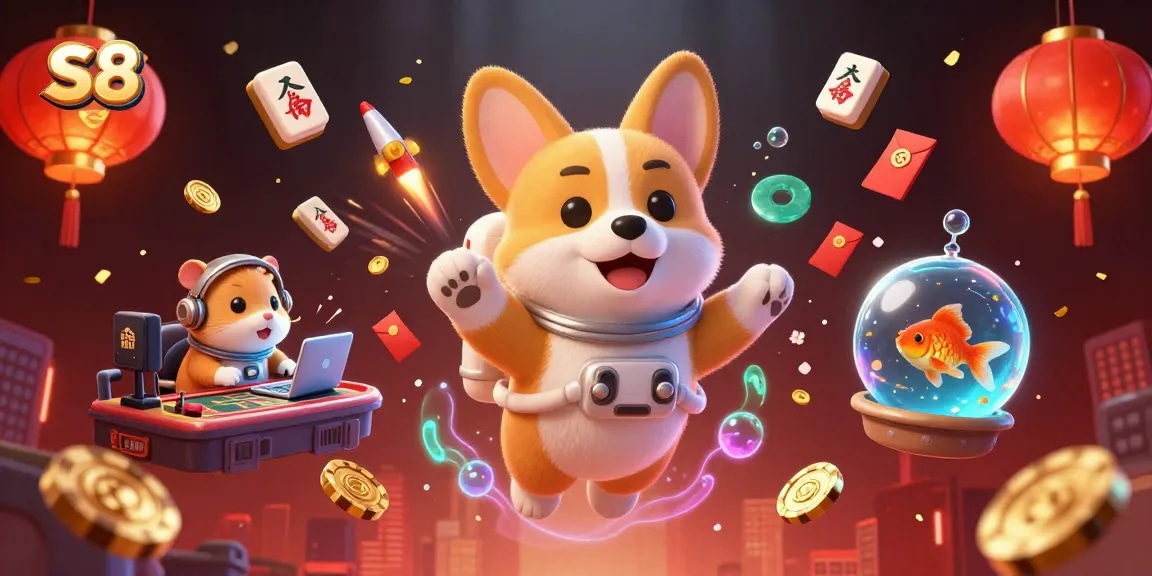 Experience the exciting world of S8's vibrant casino with a playful astronaut corgi and floating treasures.