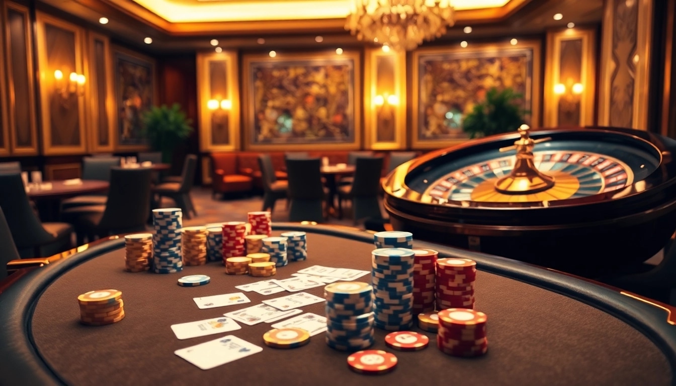 Players enjoying a thrilling night at kaisar 888 in a luxurious casino setting with poker chips and roulette wheel.
