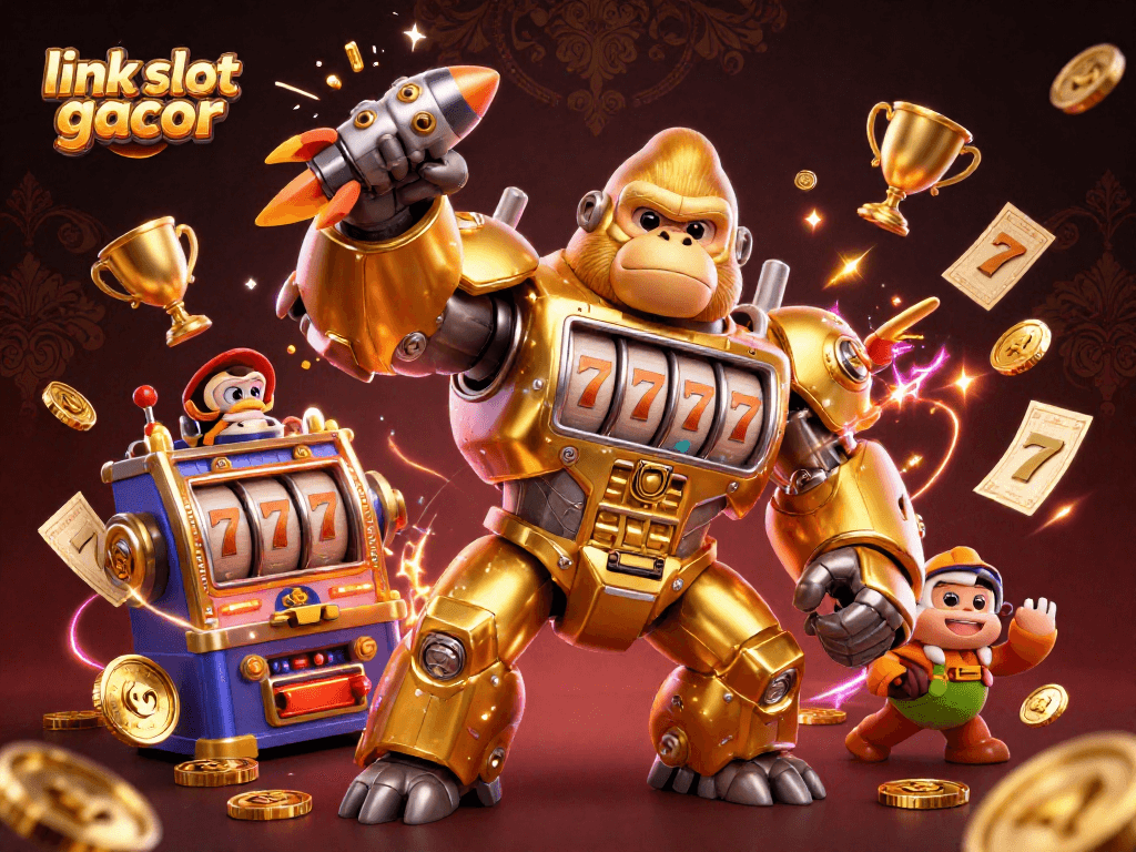 Win big with link slot gacor in an action-packed 3D casino illustration featuring dynamic elements.