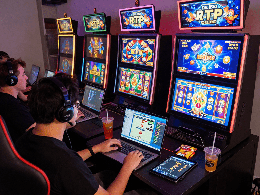 Exciting online gaming with players engaged in slot gacor, showcasing modern RTP interface.