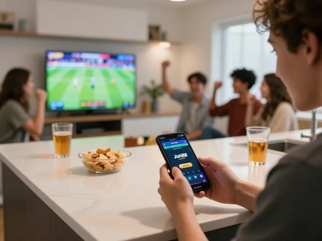 Engaged player using Jun88 mobile app for sports betting during a social gathering.