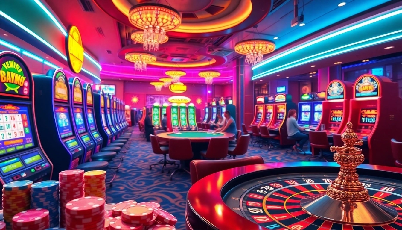 Kenzototo gaming scene showcasing vibrant slot machines and poker chips for online gambling.
