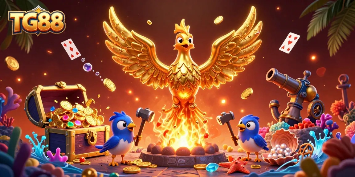 Experience the thrill of TG88 gambling with dynamic golden phoenix and rich casino elements.