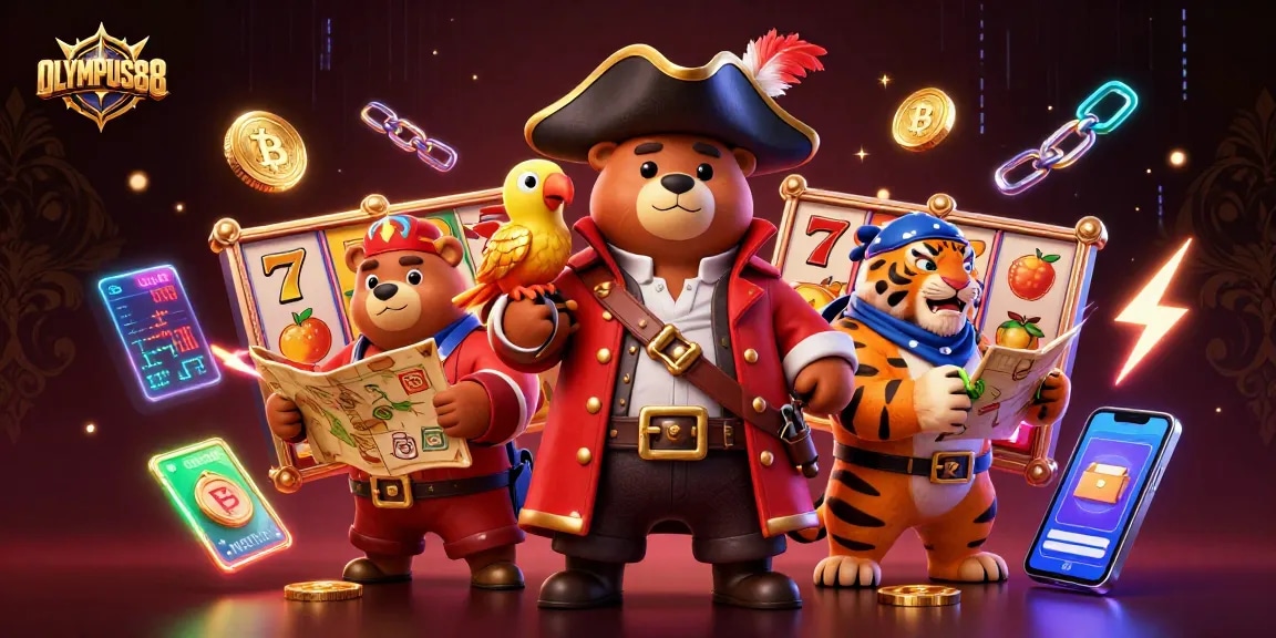 OLYMPUS88 menang di permainan slot dengan karakter kartun di latar belakang mewah dan elemen kripto.