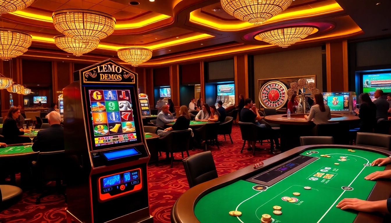 Engaging players at a demo slot machine in a vibrant casino setting with poker tables and roulette wheels.