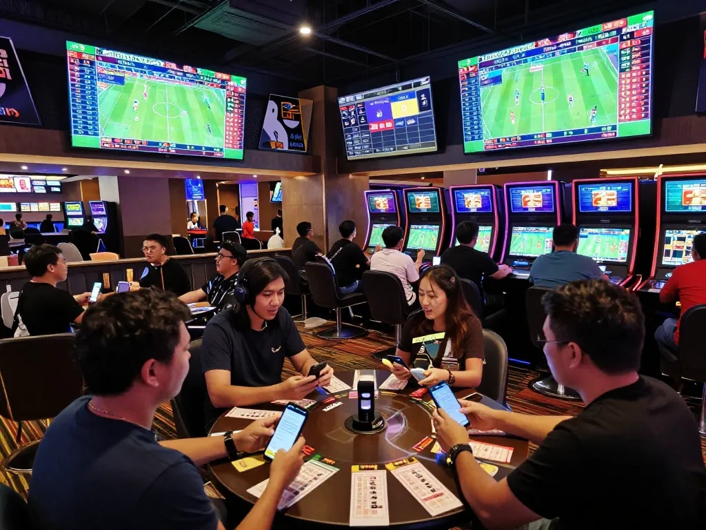 Engaged sports fans using keonhacai mobile apps for live betting in a modern casino lounge