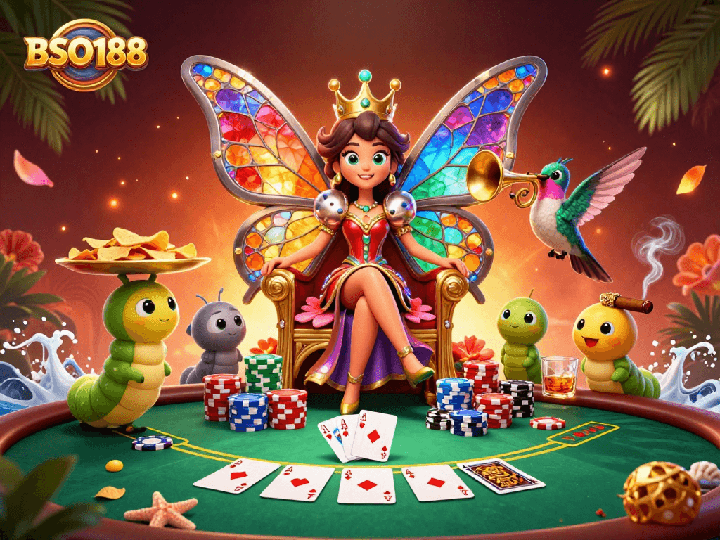 Engage in thrilling gameplay on BSO188 with vibrant casino elements around a butterfly queen.