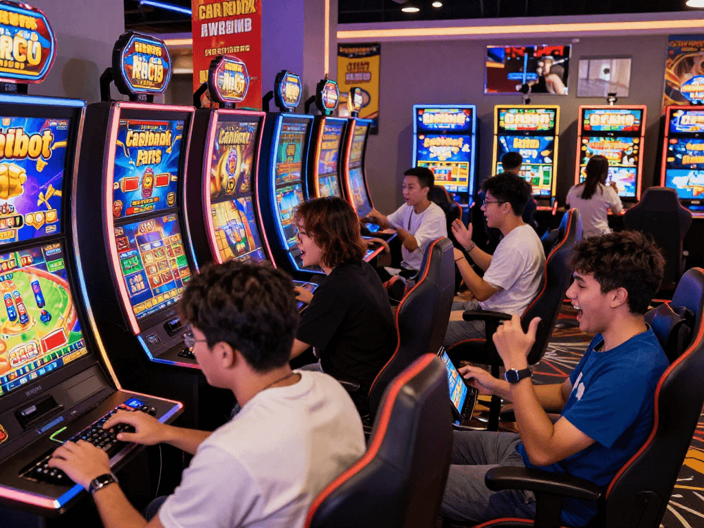 Pemain dengan semangat terlibat dalam slot online jandaslot88 di suasana kasino virtual yang cerah.
