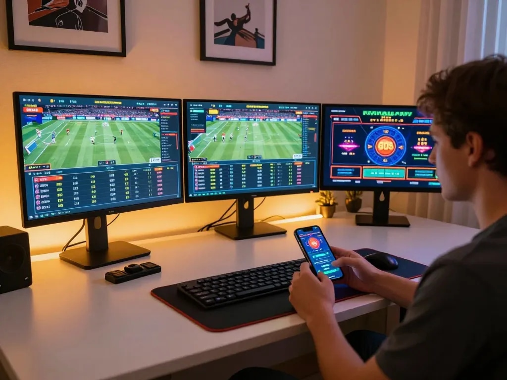 IDNSCORE betting strategies displayed on multiple screens in a dynamic online gaming setup