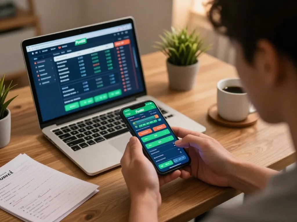 Engaging with the Fun88 app for sports betting in a cozy home setup, showcasing dynamic betting options.