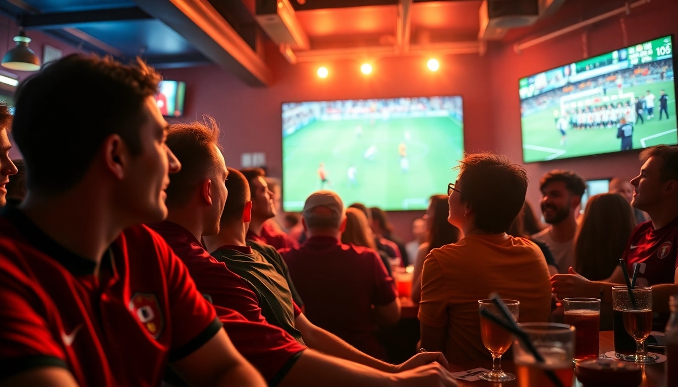 luongson tv fans excitedly watching a live football match in a vibrant sports bar