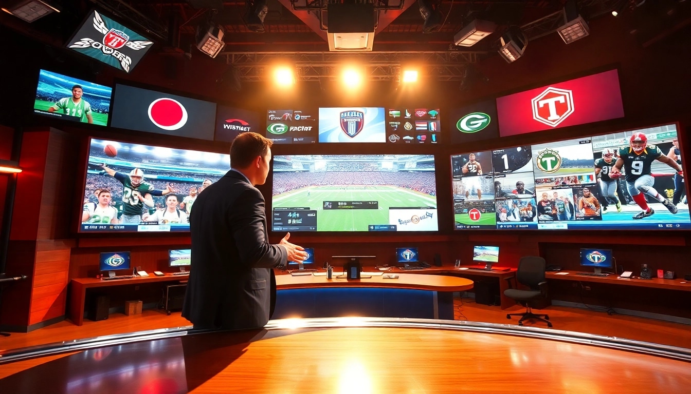 Sports Broadcasting anchor presenting live updates in a vibrant studio setting.