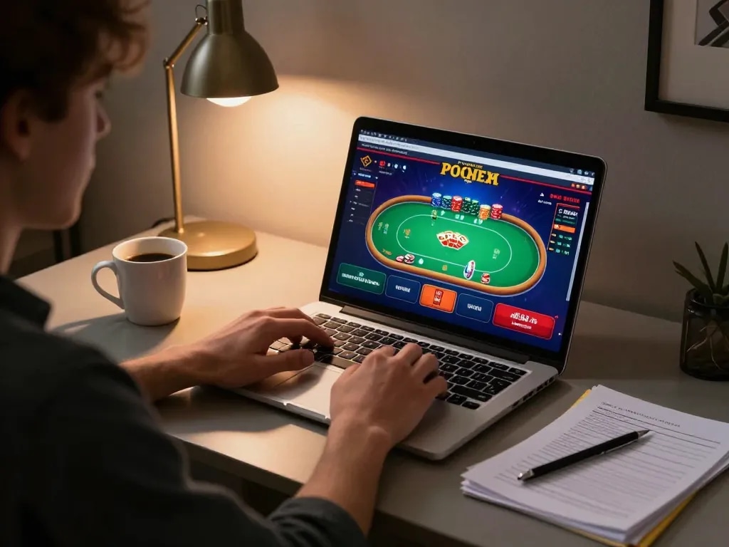 Player engaged in a poker game on 78win's online platform, showcasing a cozy gaming setup.