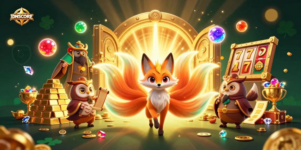 Experience IDNSCORE's vibrant gaming adventure with a mystical fox and wise sage amidst treasures and slot reels.