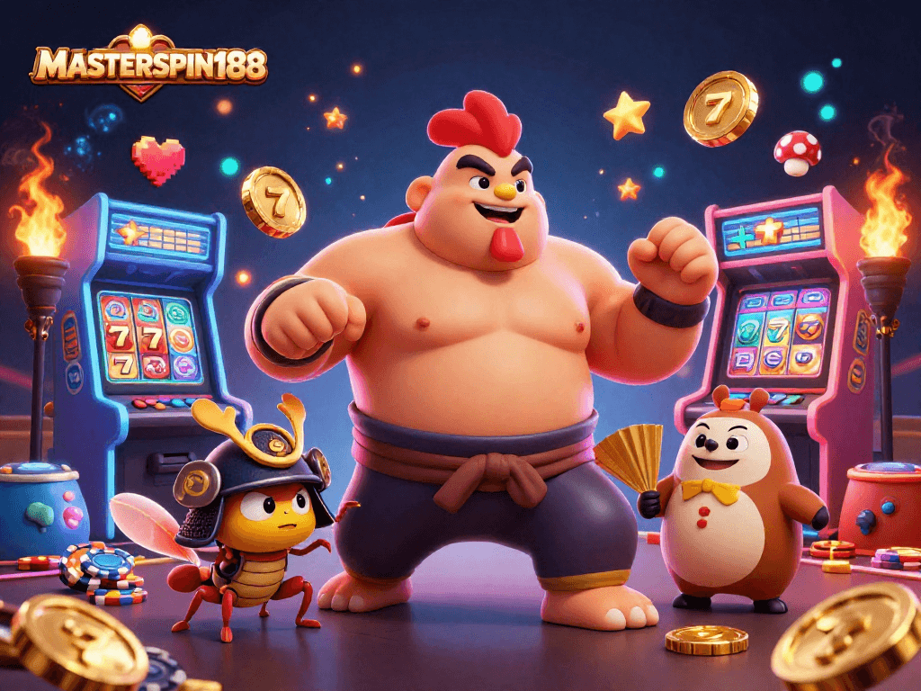 Join the action at MASTERSPIN188 with a powerful rooster and samurai cricket, enhanced by vibrant casino elements.