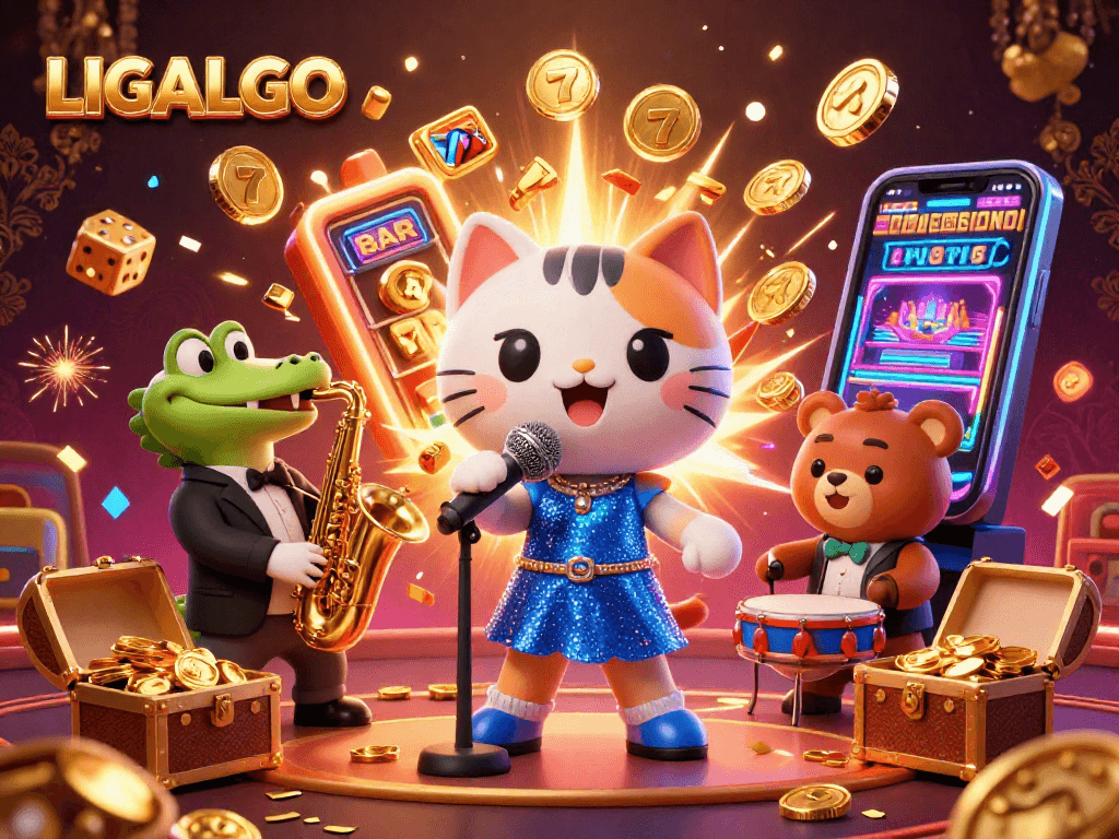 LIGALGO showcases an exciting casino scene with vibrant characters and dynamic game elements, emphasizing jackpot fun.