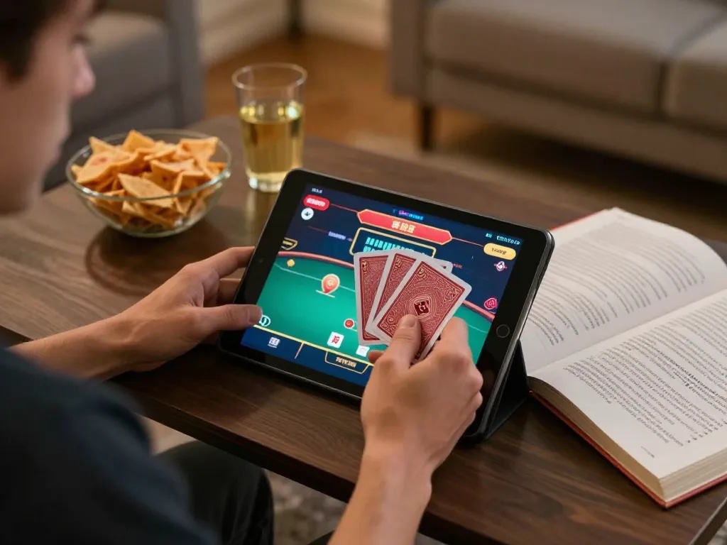 Momen menarik dari pemain HOKI368 yang terbenam dalam sesi strategi poker online di rumah, menunjukkan suasana yang nyaman.
