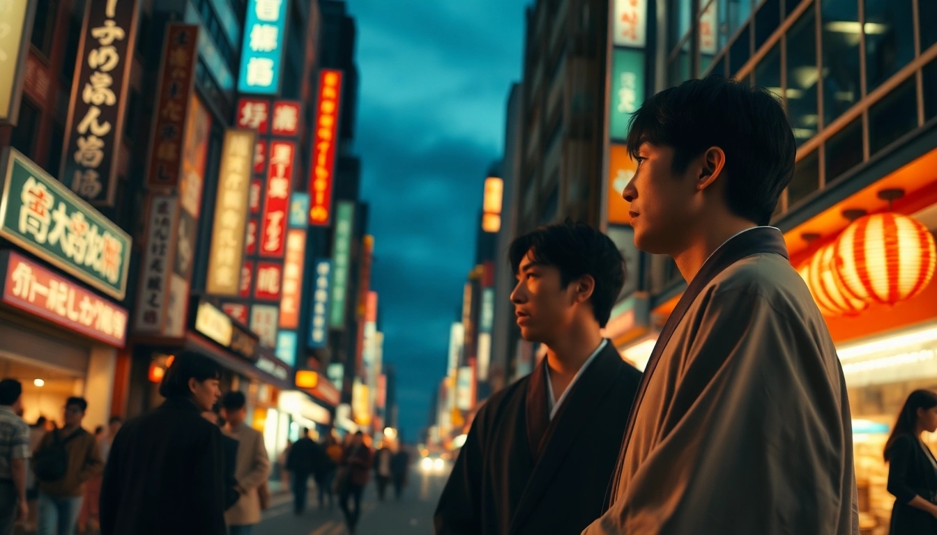 Menggambarkan film jepang dengan aktor dalam kostum tradisional di Tokyo yang ramai.