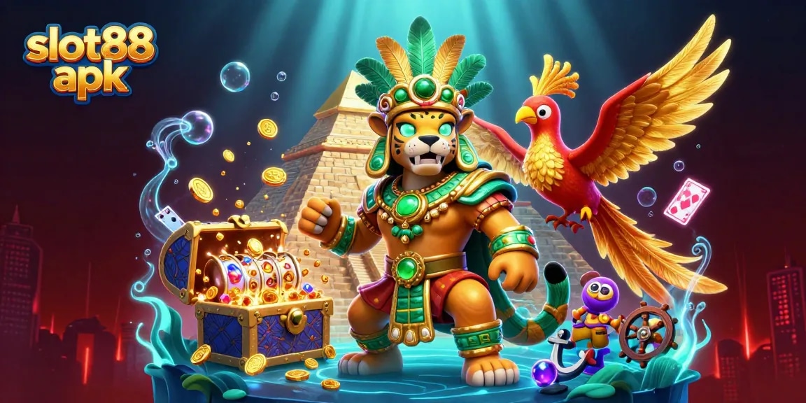 Play vibrant slot88 apk with Mayan-themed characters and gold treasure in a dynamic casino environment.