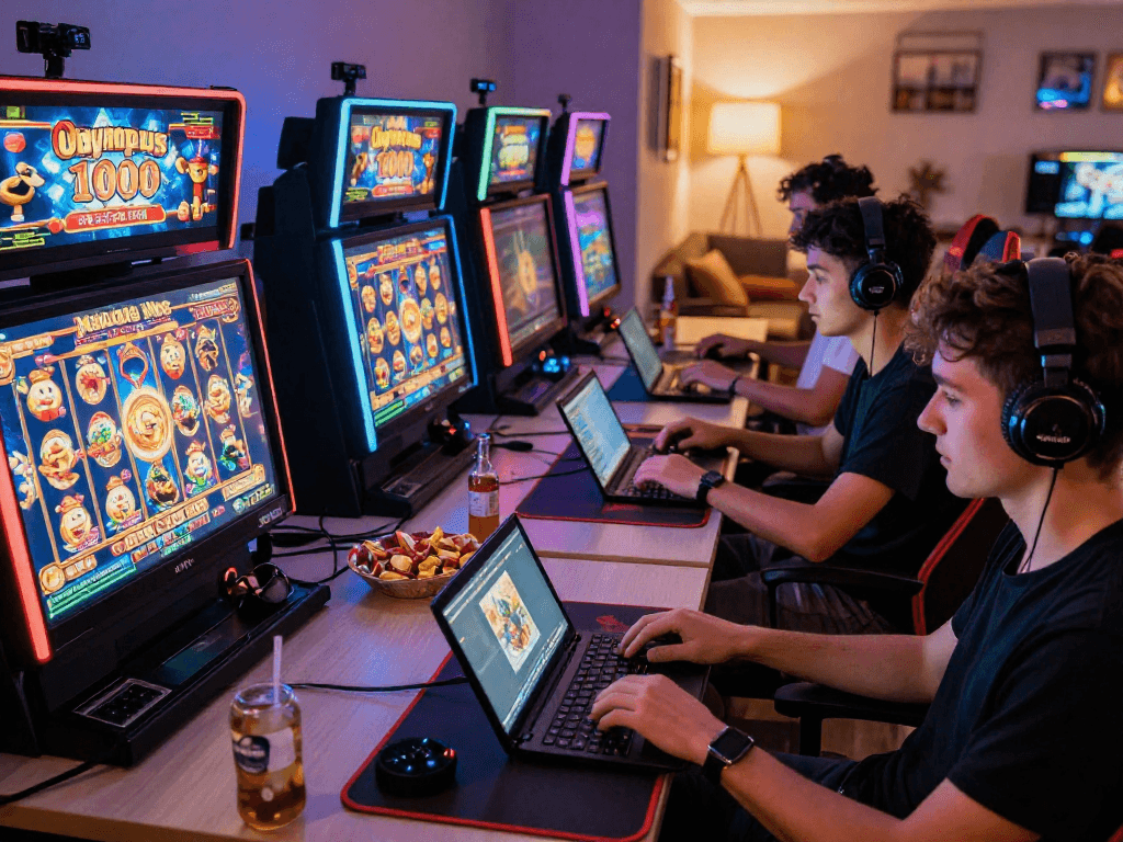 Exciting gaming scene featuring players enjoying situs slot terbaru on tablets and laptops.