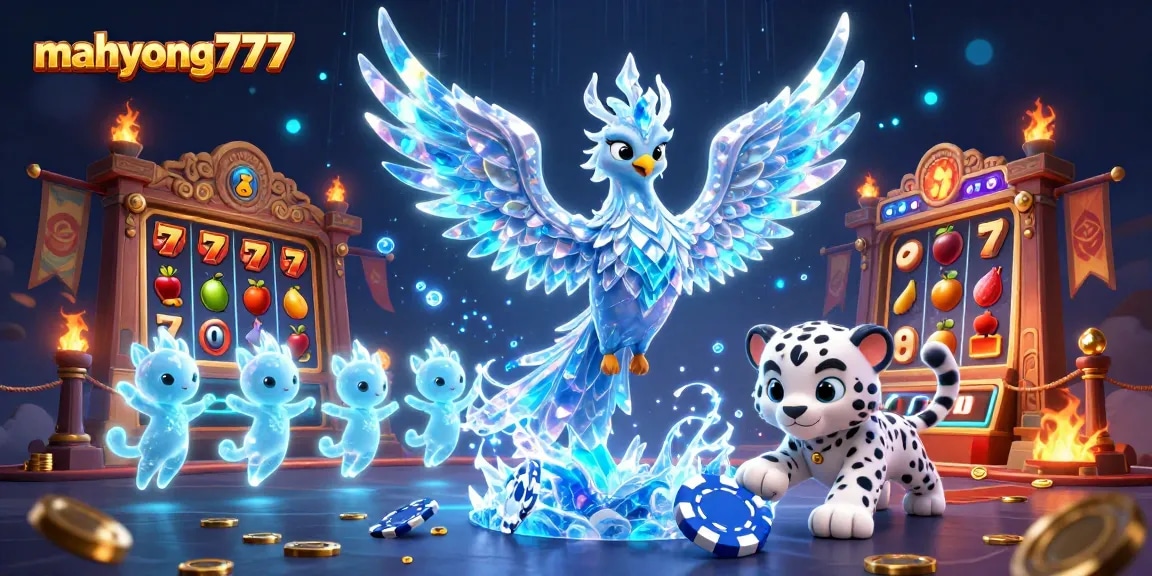 Play exciting mahyong777 with an ice phoenix and slot game elements in a vibrant 3D scene.