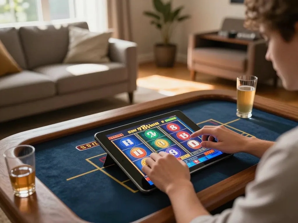 Engaging in thrilling slot gameplay on 78win tablet with vibrant graphics and cozy surroundings