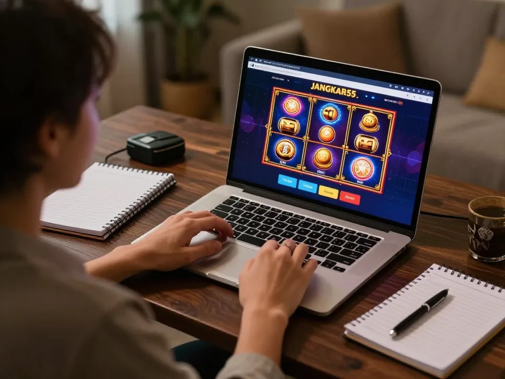 Engaging with online gambling strategies on JANGKAR55 from a cozy home office setup.