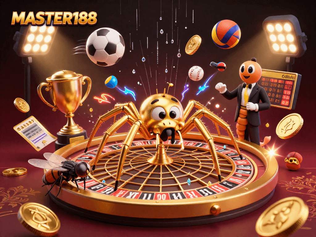Experience thrilling bets at MASTER188 with a fly and a spider spinning a roulette web.