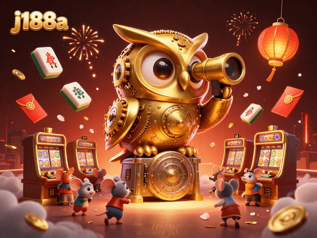 Engage in the thrilling world of j188a with a captivating casino scene featuring a golden owl and animated patrons.