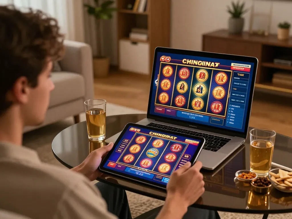 Player engaging with 98win's online slots in a cozy living space, emphasizing responsible gaming