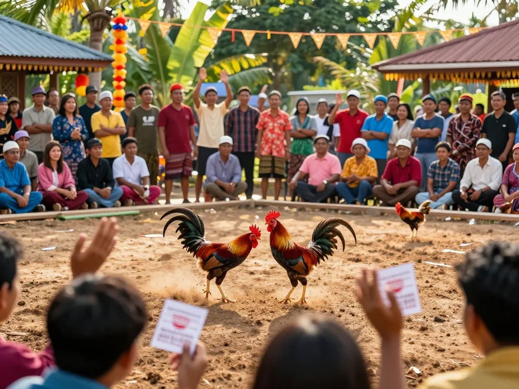 Situasi menarik dari kompetisi sabung ayam online dengan ayam jantan bertarung di arena luar ruangan yang ramai, dikelilingi oleh penggemar yang bersorak.