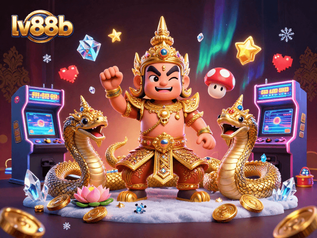 Experience gaming excitement at lv88b with friendly guardian, arcade machines, and vibrant casino atmosphere.