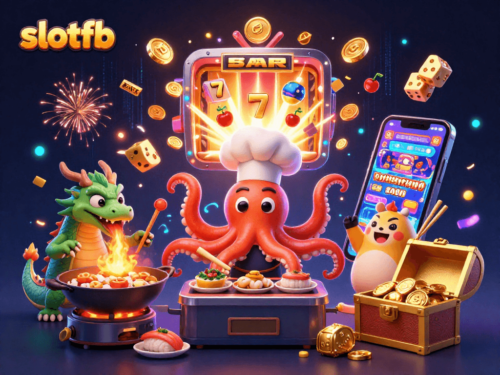Celebrate your wins at SLOTFB with a dynamic scene of characters enjoying casino fun amidst vibrant slot action!