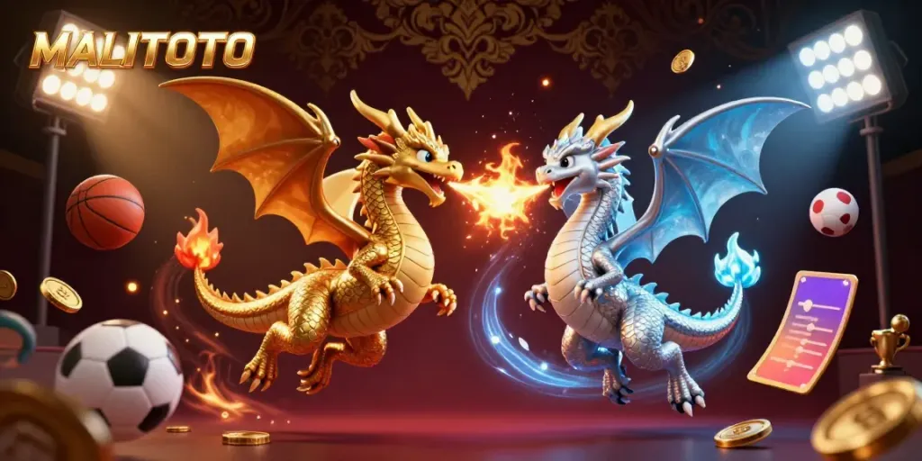 MALITOTO showcases thrilling gaming energy with golden and silver dragons amidst dynamic sports elements.