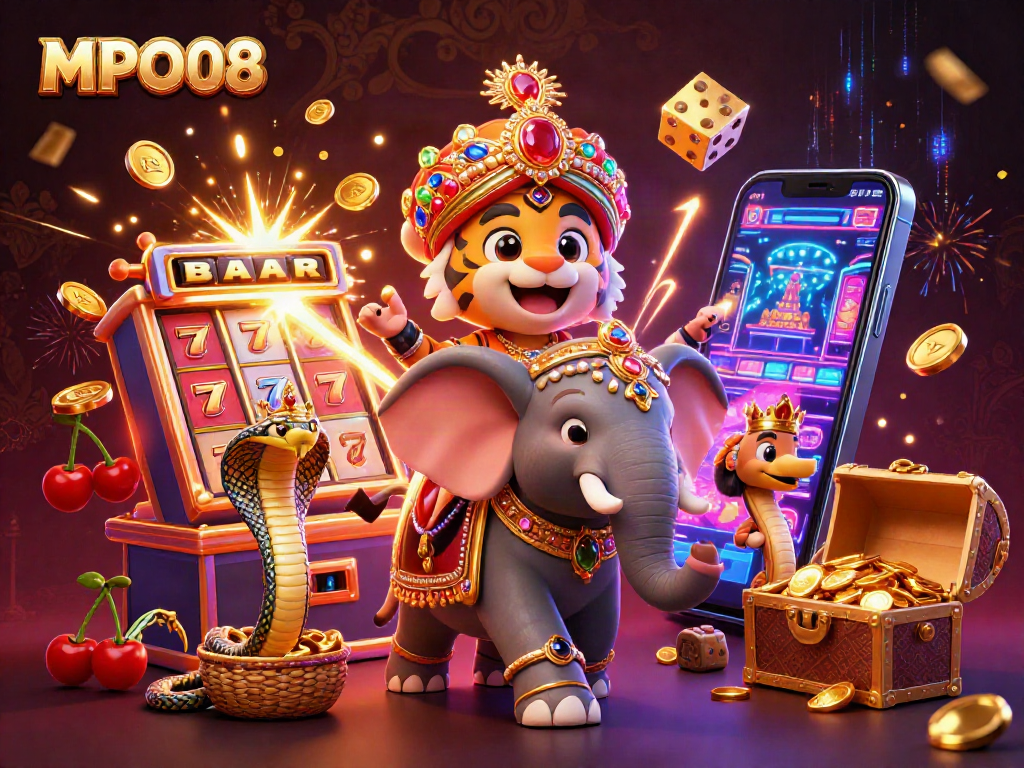 MPO08 showcases a vibrant 3D casino scene featuring a cartoon Indian maharaja tiger and an elephant amidst a jackpot explosion.
