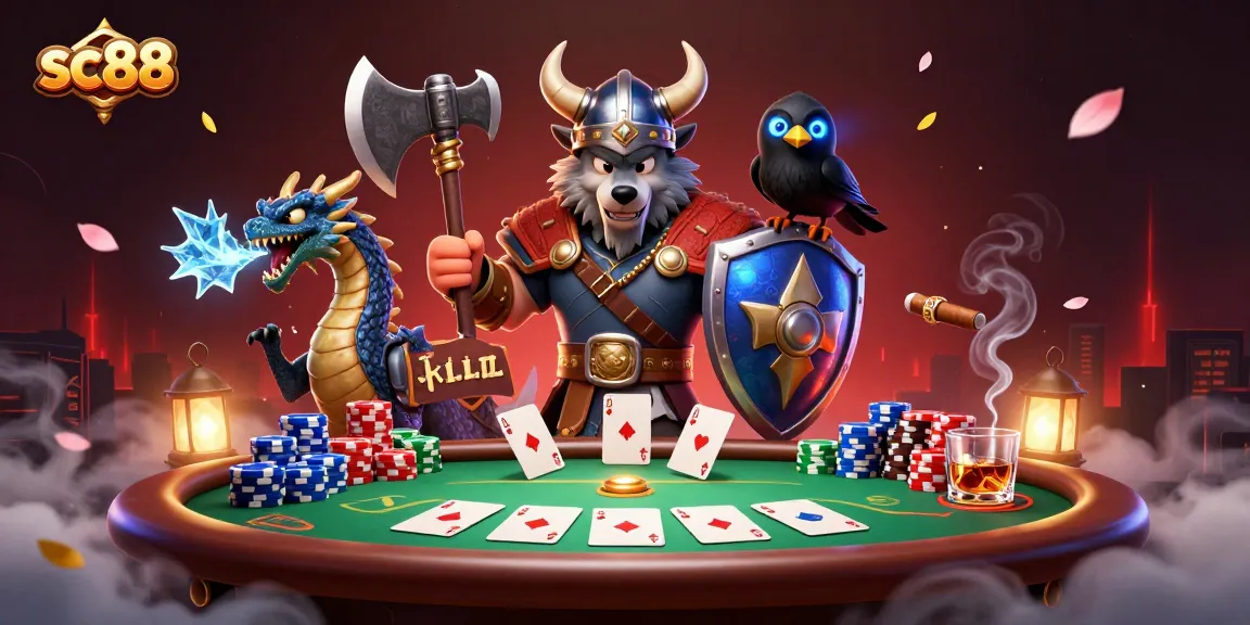 Engage with sc88's thrilling poker table scene featuring a Viking warrior and dragon.