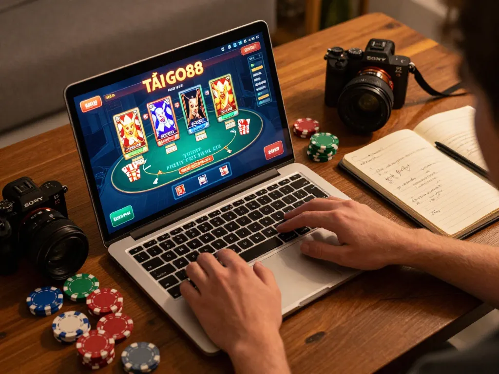 TẢI GO88 on a laptop screen during an engaging home gaming experience, capturing a player's strategic setup with chips and betting notes.