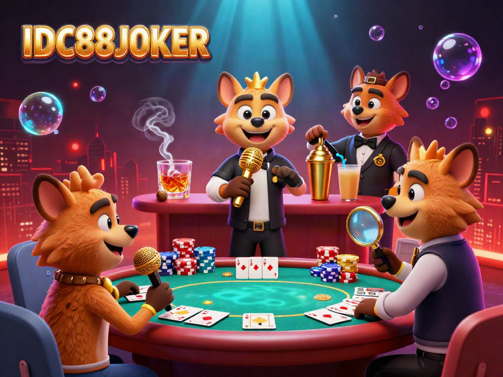 Engage with IDC88JOKER's lively casino scene where hyenas entertain and serve, brimming with excitement.
