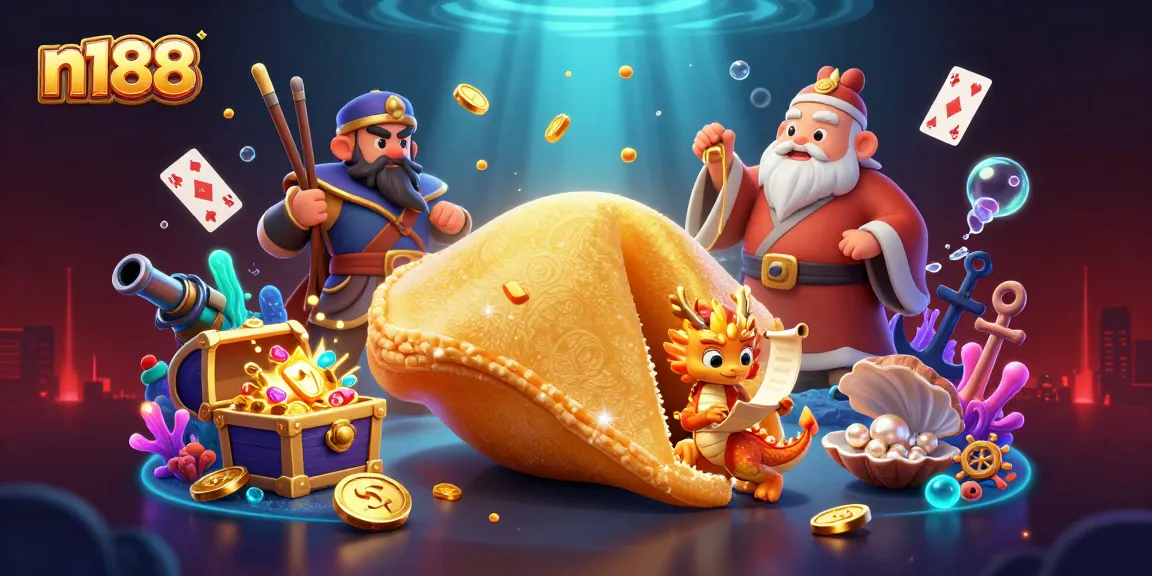 N188 casino illustration with a giant fortune cookie, wise dragon, and gold elements for betting enthusiasts.