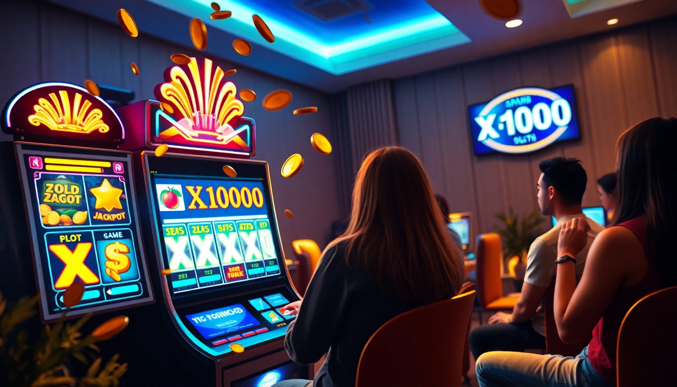 Exciting scene of players enjoying a slot gacor machine with vibrant colors and winning symbols.