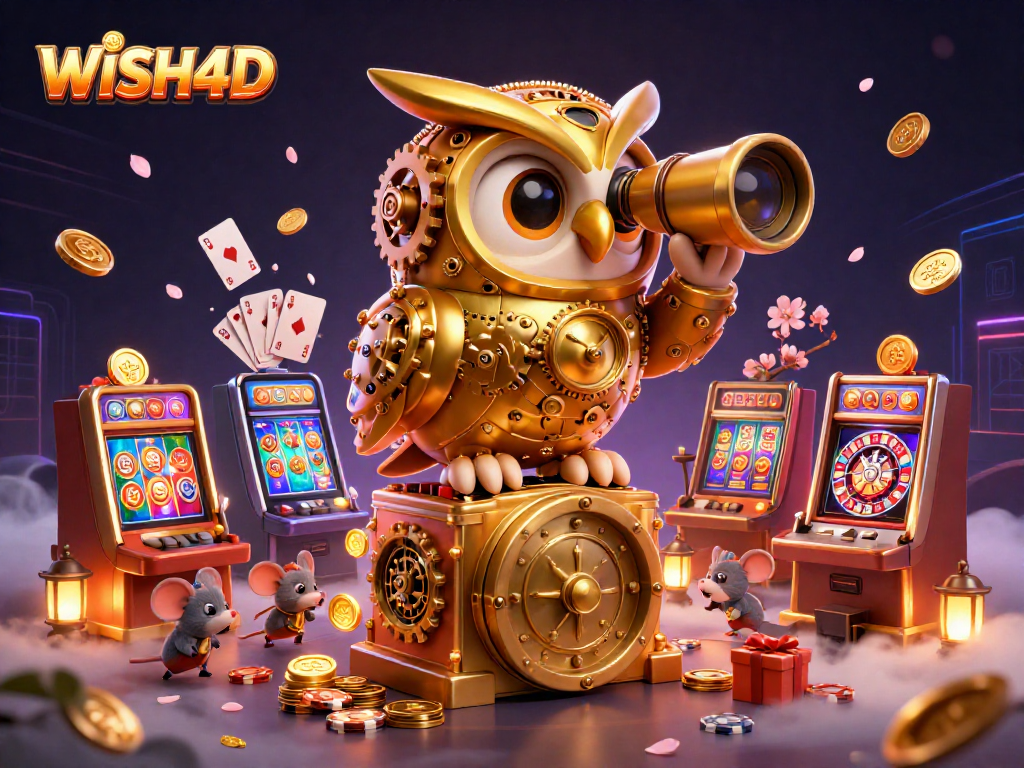 Experience the excitement of WISH4D with a clockwork owl and tiny mouse patrons amid dynamic casino scenes.
