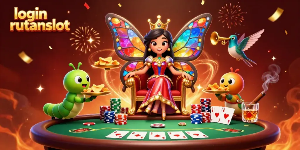Permainan slot menarik di login rutanslot dengan ratu kupu-kupu dan simbol keberuntungan.