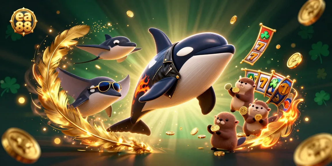 ea 88 celebrates wins with vibrant 3D cartoon characters amid swirling slot reels and coins.