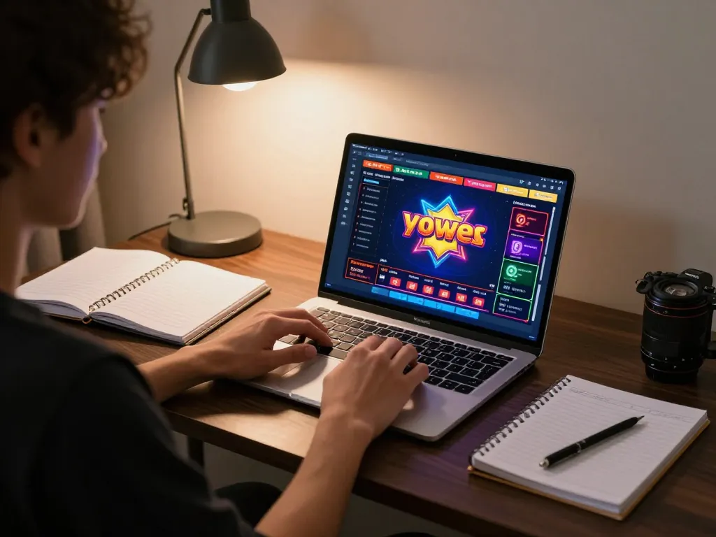 Engaging in yowes togel online gaming with a laptop in a cozy workspace