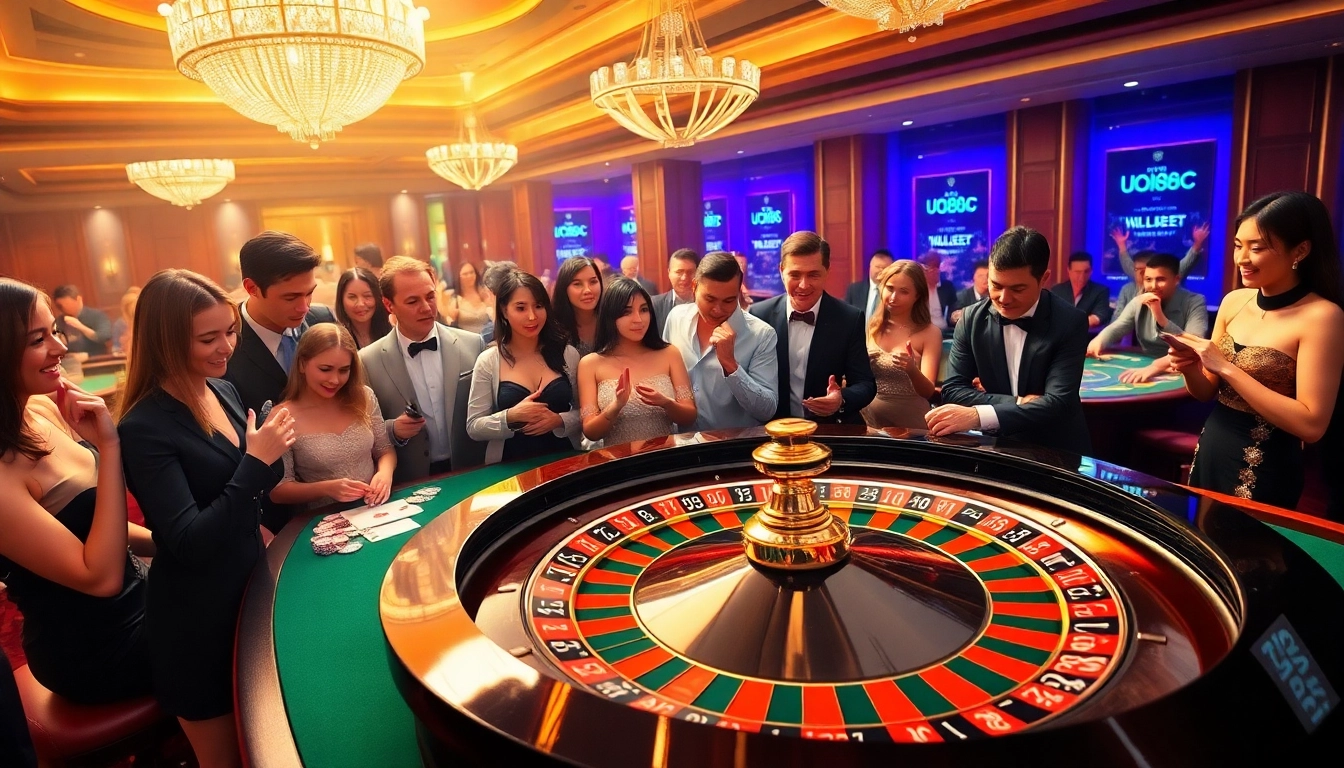 U888 casino players excitedly placing bets at a vibrant roulette table in a luxurious setting.